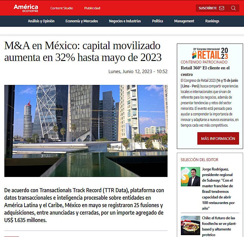 M&A en Mxico: capital movilizado aumenta en 32% hasta mayo de 2023